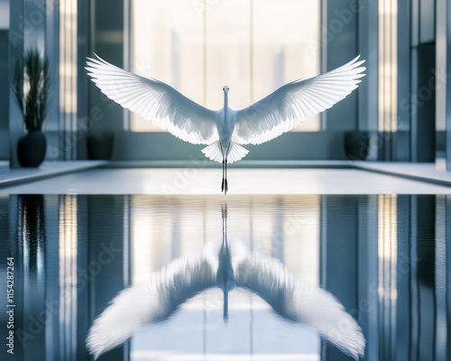 A heron in flight with wide, symmetrical wings inside a closed room by the pool, minimalist style, and symmetry. photo