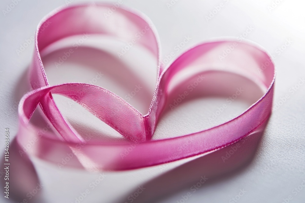 A heart-shaped pink ribbon on a white surface