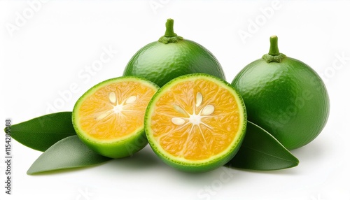 calamansi or green orange fruit with quarter cut off isolated on white background photo