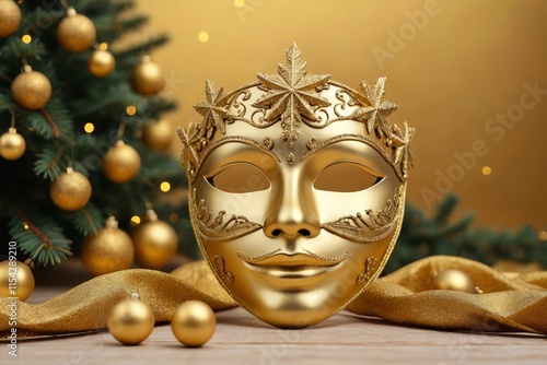 arafed mask with gold decorations and a christmas tree in the background photo