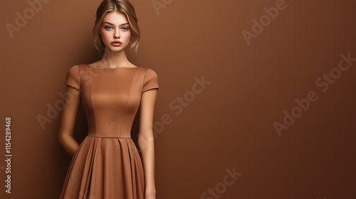 Mock-up image of a beautiful woman standing in mocha mousse dress with copy space, fashion photography