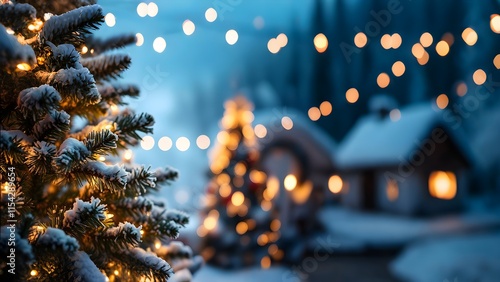 Magical Snowy Christmas Tree with Bokeh Lights, Winter Holiday Background, Evening Scene with Village, Festive Atmosphere, Blurred Lights and Snow.