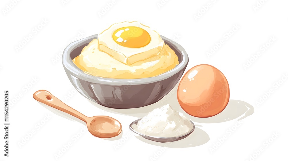 A bowl of creamy mashed potatoes topped with a fried egg, alongside a whole egg and a small bowl of flour. A wooden spoon rests nearby. Perfect for recipes and food blogs. A bowl of creamy mashed potatoes topped with a fried egg, alongside a whole egg and a small bowl of flour. A wooden spoon rests nearby. Perfect for recipes and food blogs.