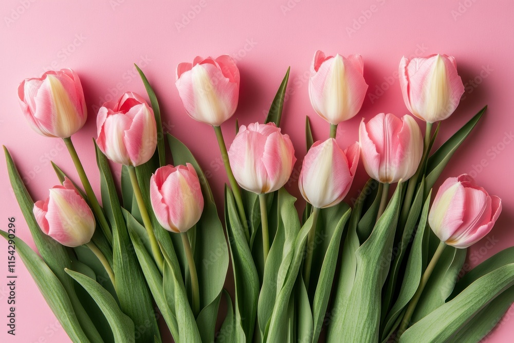 Fototapeta premium Fresh Pink Tulips with Green Leaves on Soft Pink Background, Perfect for Spring and Floral Themed Designs, Celebrations, or Home Decor Inspiration