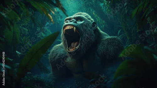 Roaring Gorilla in Dark Lush Jungle Tropical Setting photo