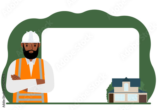 Male builder against the background of a large poster or advertisement, a small house nearby. Building work, service.