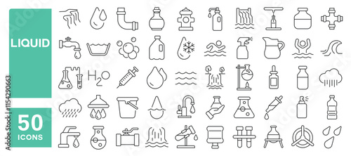 Set of 50 line icons related to liquid, splash, water, spray, drop, tube, wave, swirl, fluid, tap, hydration, splat, Editable stroke. Vector illustration