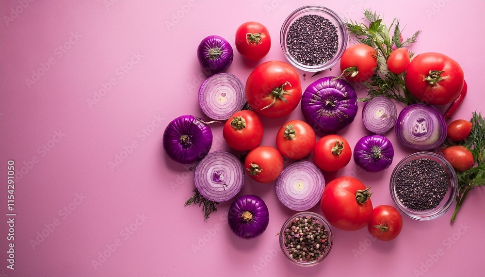 a pink history with a spread of purple end result and vegetables which includes tomatoes a pink history with a spread of purple end result and vegetables which includes tomatoes