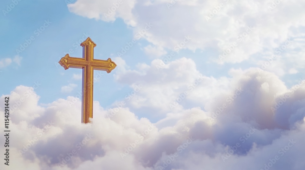 A wooden cross sits atop a cloudy sky, offering a sense of peace and serenity A wooden cross sits atop a cloudy sky, offering a sense of peace and serenity