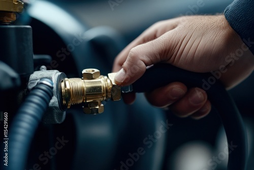 Hand of a technician connecting a flexible black hose to a brass fitting on a mechanical assembly in a modern industrial setting, focusing on precision and craftsmanship.