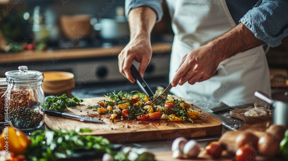 Obraz premium Cooking scene with fresh vegetables and herbs