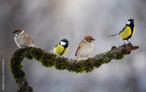 group of birds tits and sparrows sitting on a branch covered with moss in the...