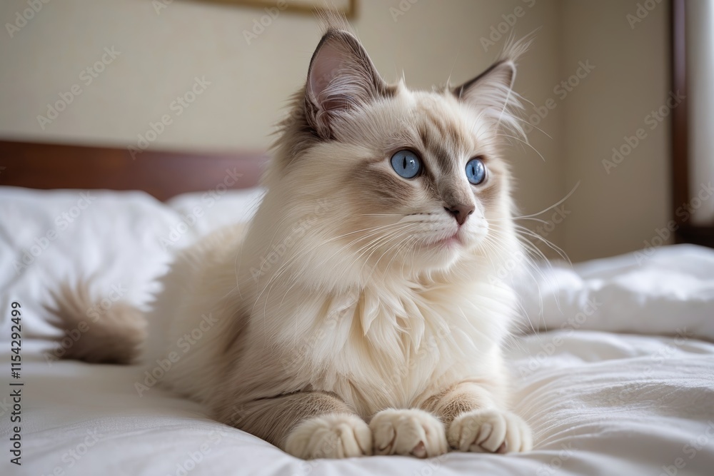 Fototapeta premium araffy cat laying on a bed with a white sheet