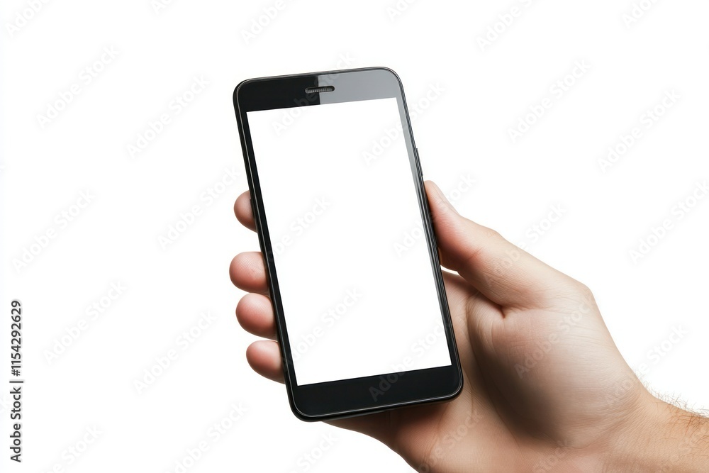Hand Holding Smartphone with Blank Screen Isolated on White Background for Mockup Display and Digital Applications in Creative Projects Hand Holding Smartphone with Blank Screen Isolated on White Background for Mockup Display and Digital Applications in Creative Projects