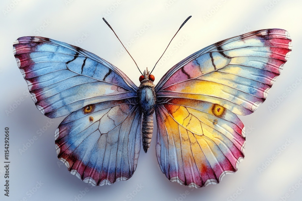 A beautiful colorful butterfly perched on a clean white background, perfect for use in designs and presentations A beautiful colorful butterfly perched on a clean white background, perfect for use in designs and presentations
