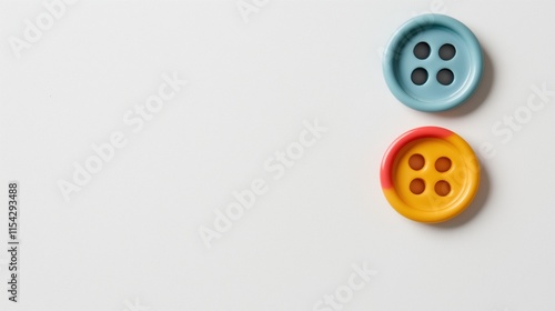 Vibrant four-hole buttons on minimalist white background for sewing projects photo