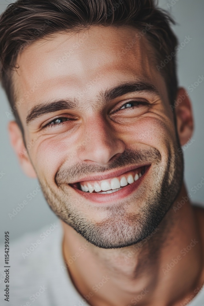 Fototapeta premium Close-up of a man smiling while brushing his teeth, with a toothbrush in his mouth