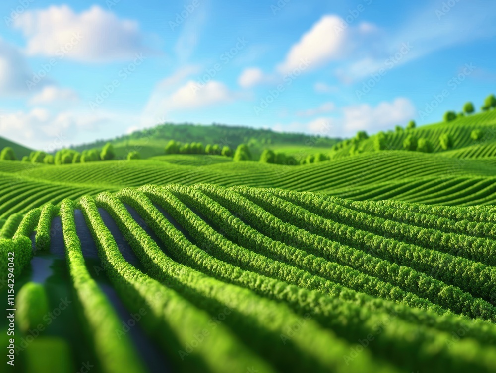 Lush green fields stretch across rolling hills under a bright blue sky, showcasing vibrant rows of crops in a serene landscape. Lush green fields stretch across rolling hills under a bright blue sky, showcasing vibrant rows of crops in a serene landscape.