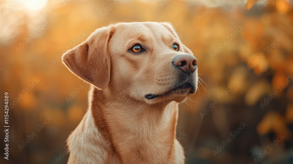 Golden Labrador Dog in Autumn Nature Background with Warm Colors