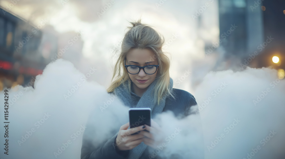 Fototapeta premium Woman Using Smartphone in a Cityscape with Cloud Computing Concept and Digital Connections