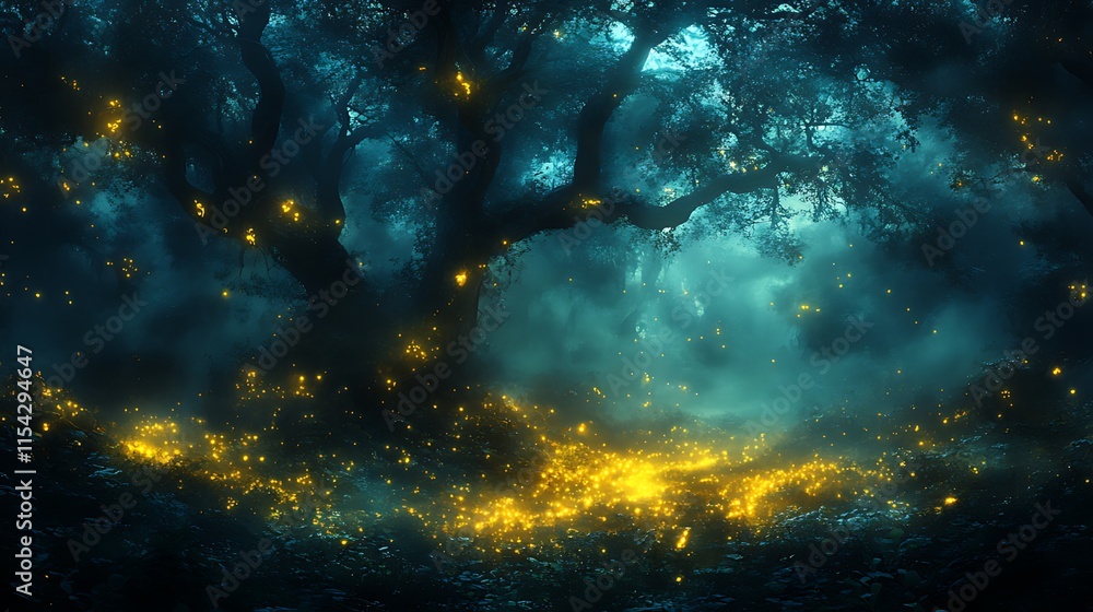 Fototapeta premium Enchanting dark forest scene with glowing fireflies illuminating the ground and large tree.