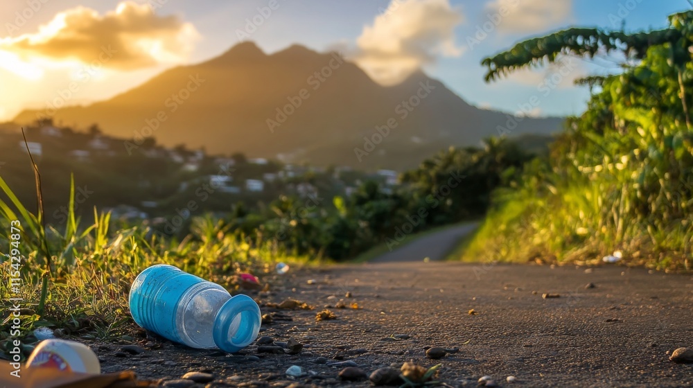Scenic Mountain Trail with Trash in Soft Natural Light Scenic Mountain Trail with Trash in Soft Natural Light