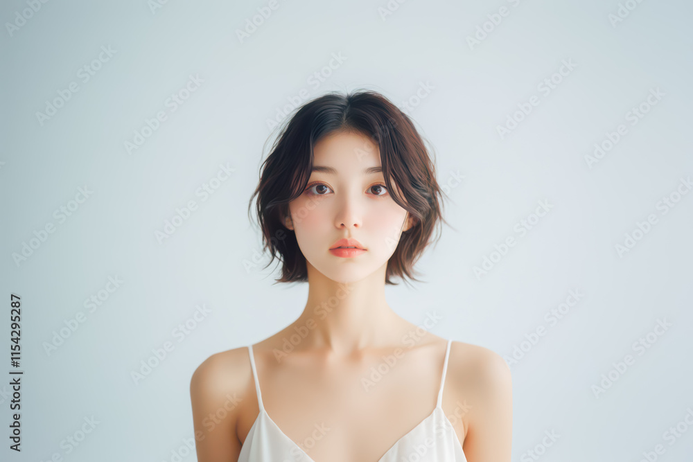 Portrait of a young Japanese woman with short, dark hair, soft makeup, and a neutral expression against a light background. Portrait of a young Japanese woman with short, dark hair, soft makeup, and a neutral expression against a light background.