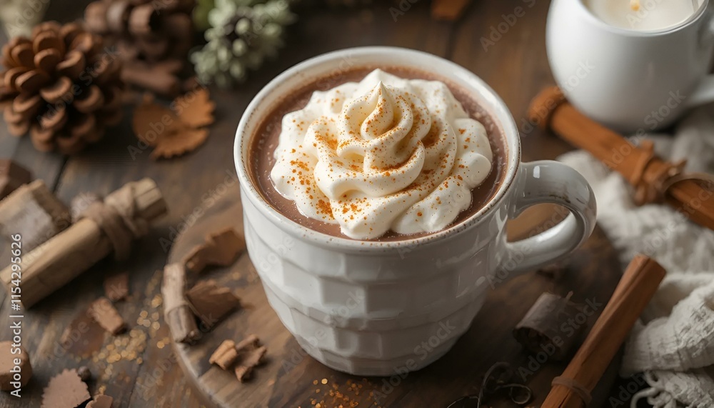 Delicious hot chocolate topped with whipped cream and caramel drizzle in cozy setting Delicious hot chocolate topped with whipped cream and caramel drizzle in cozy setting