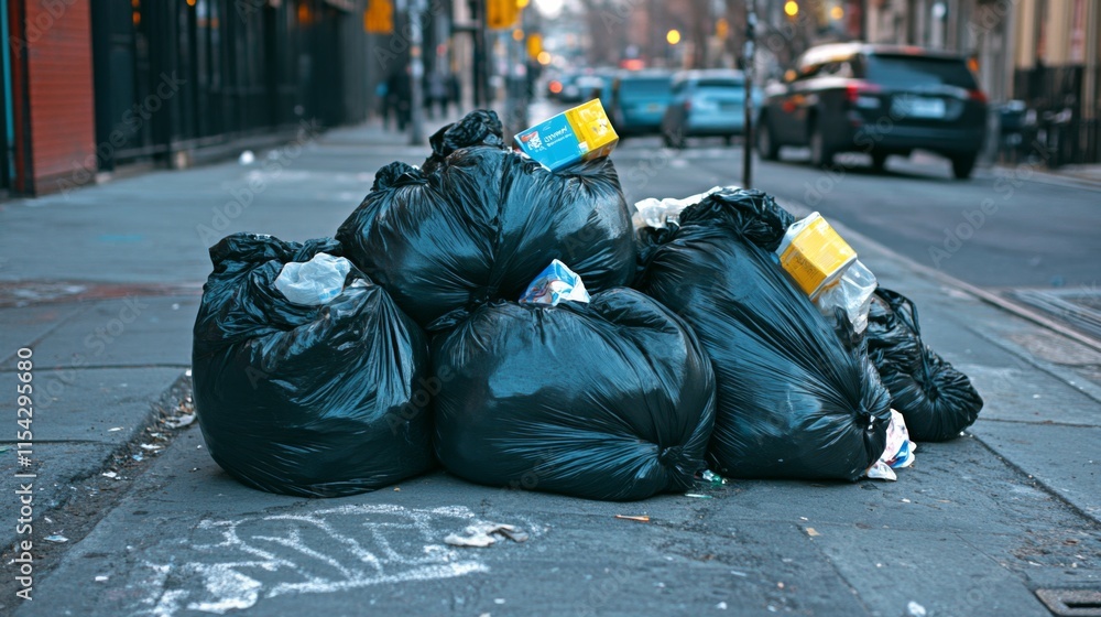 Fototapeta premium Trash Bags Piling Up in Urban Alley Scene