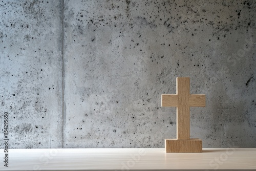 Wooden Cross on Minimalist Table Against Gray Concrete Wall for Religious Symbolism and Spiritual Reflection in Modern Interior Design
