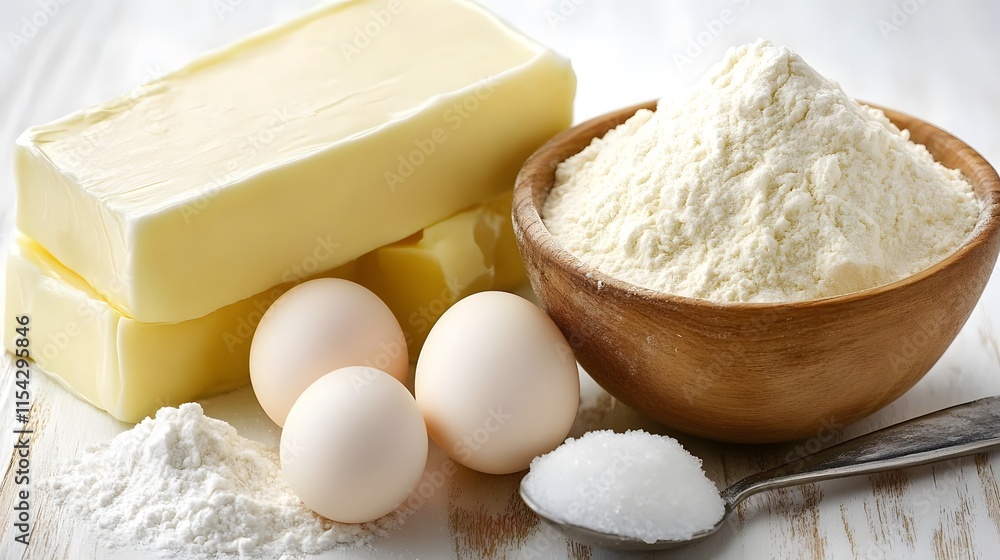 Close-up of baking ingredients: butter, flour, eggs, and salt. Perfect for recipes, cooking blogs, or food websites. Fresh and delicious! Close-up of baking ingredients: butter, flour, eggs, and salt. Perfect for recipes, cooking blogs, or food websites. Fresh and delicious!
