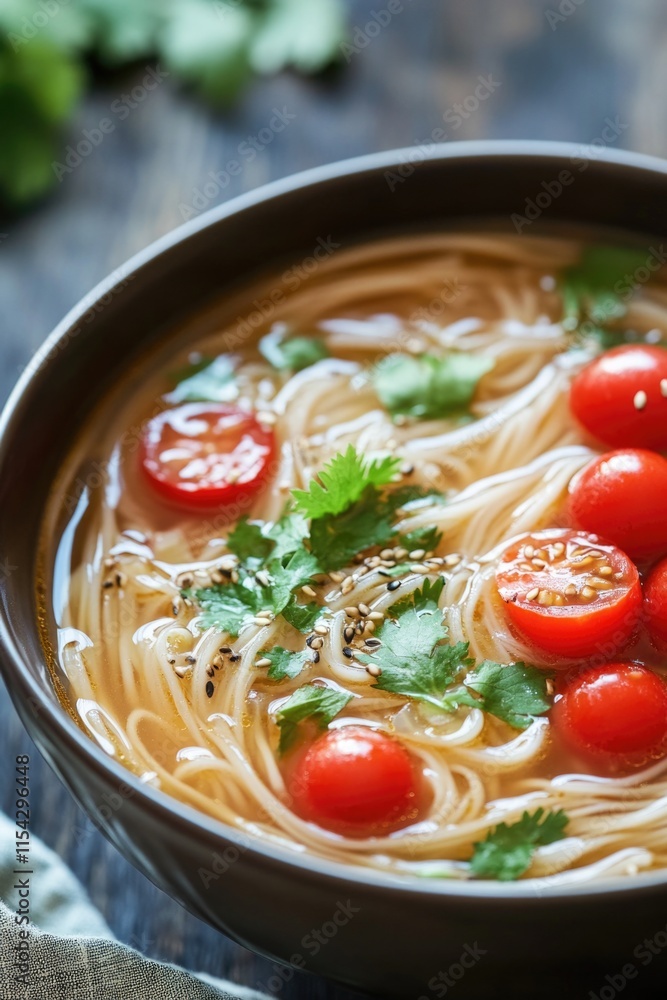A warm and comforting bowl of tomato noodle soup with fresh vegetables A warm and comforting bowl of tomato noodle soup with fresh vegetables