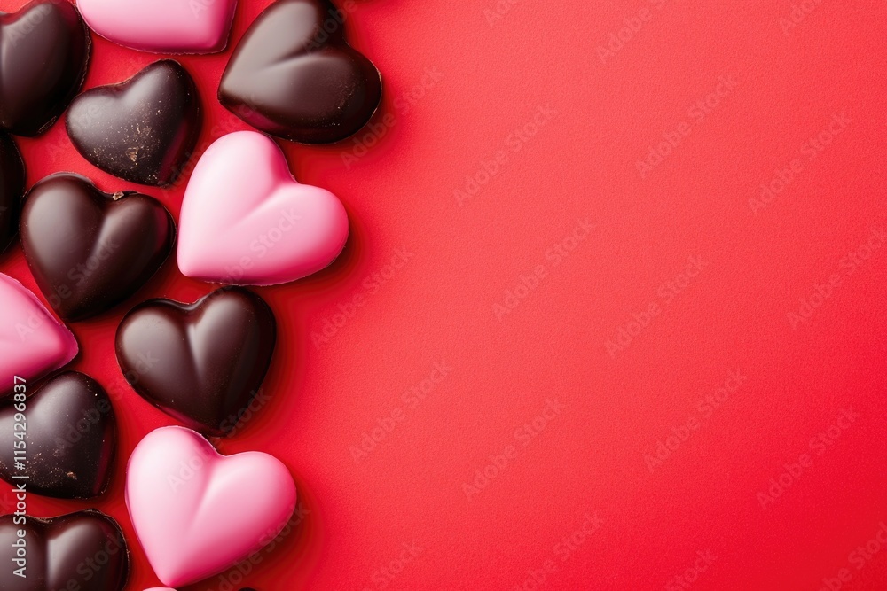 A collection of delicious-looking chocolate hearts on a vibrant red surface A collection of delicious-looking chocolate hearts on a vibrant red surface