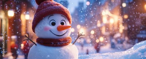 A joyful snowman stands in a snowy street, wearing a warm hat and scarf, while snowflakes gently fall around. Colorful holiday lights adorn the background, creating a festive atmosphere.