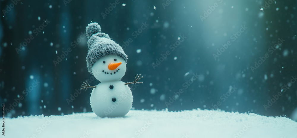 Obraz premium A snowman with a knitted hat and a carrot nose smiles against a backdrop of gently falling snow. The winter scene is serene and evokes a sense of joy and nostalgia.
