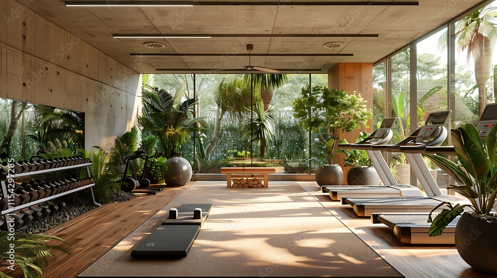 Fototapeta premium Gym interior with eco-friendly materials, natural ventilation, and indoor plants