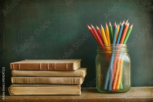 Vintage styled composition featuring stacked old books and a glass jar filled with colorful pencils against a textured green chalkboard background