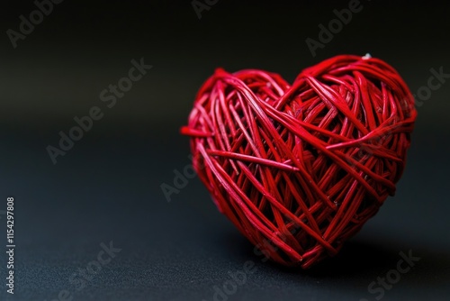 A red heart-shaped ball of yarn on a dark background