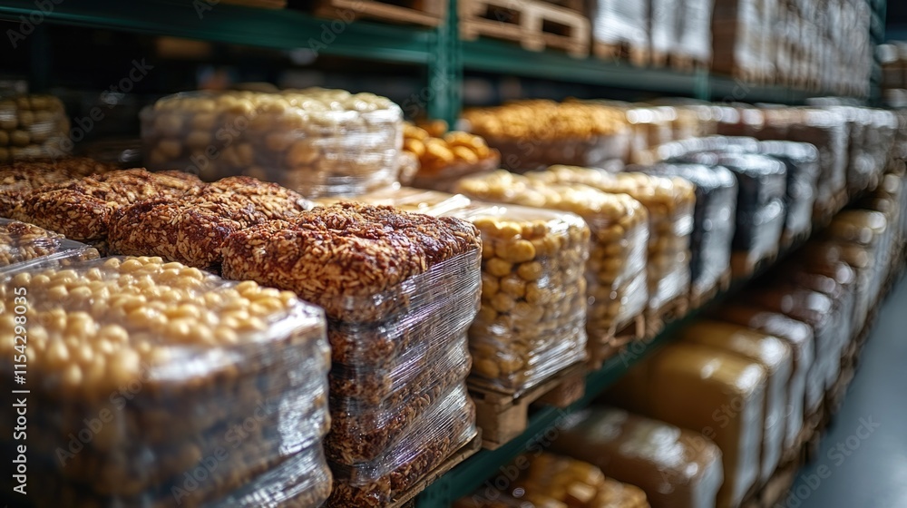 A fully stocked shelf displaying various foods and snacks A fully stocked shelf displaying various foods and snacks
