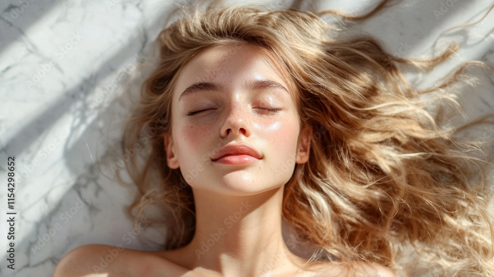 Peaceful portrait of a woman lying on white bedding Peaceful portrait of a woman lying on white bedding