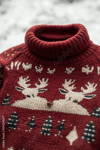 Cozy reindeer sweater sitting in the snow, great for winter scenes or festive occasions