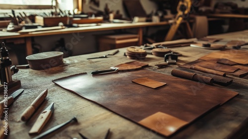 An orderly leatherworking bench in a traditional workshop, Leather pieces and tools systematically set up, Classic craftsmanship style