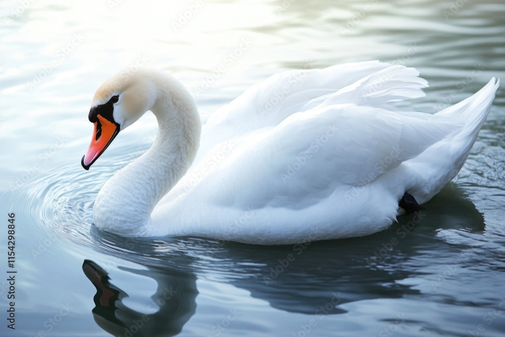 A majestic white swan floats peacefully on the surface of calm water A majestic white swan floats peacefully on the surface of calm water