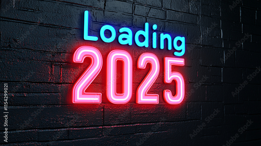Loading 2025: Neon glow on dark brick wall. A vibrant, futuristic announcement of the new year. Loading 2025: Neon glow on dark brick wall. A vibrant, futuristic announcement of the new year.