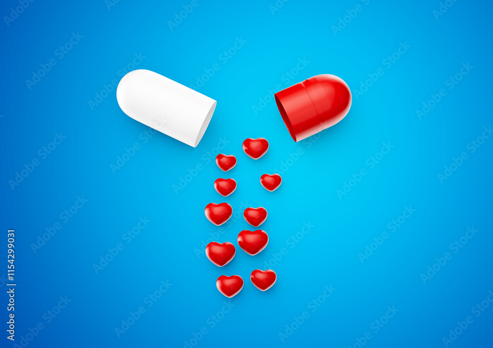 An Open Red And White Glossy Capsule With Minimal Heart Shaped Pills Spilling Out 3D Illustration An Open Red And White Glossy Capsule With Minimal Heart Shaped Pills Spilling Out 3D Illustration