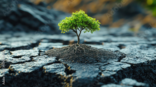 A lone tree growing out of a cracked pavement.