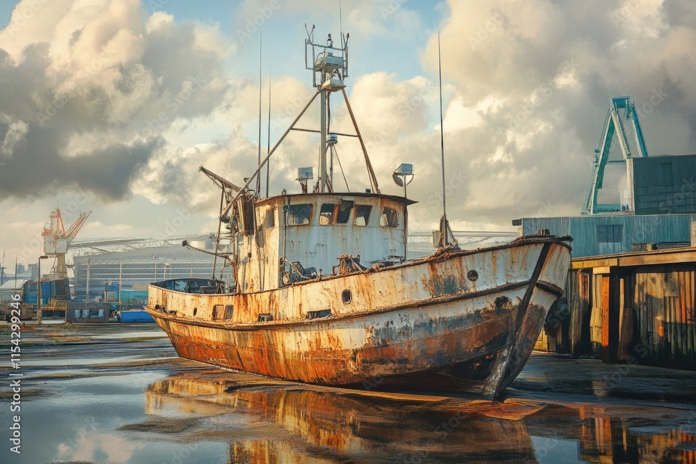 A rusty old boat sits atop calm waters, offering a serene and peaceful scene A rusty old boat sits atop calm waters, offering a serene and peaceful scene