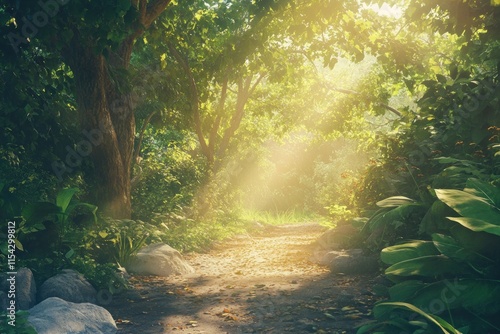 Sunlight Filters Through Lush Green Canopy in Tranquil Forest Pathway Surrounded by Vibrant Flora and Soft, Warm Light, Perfect for Nature Photography or Relaxation Themes