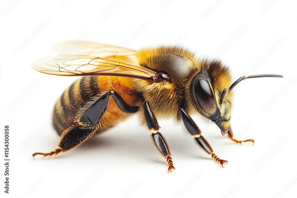 A detailed view of a bee on a white surface A detailed view of a bee on a white surface