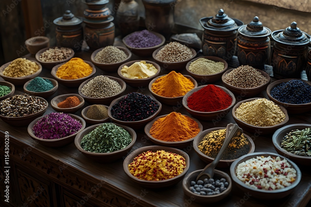 Vibrant Array of Cultural Spices on Rustic Wooden Table - Generative AI Vibrant Array of Cultural Spices on Rustic Wooden Table - Generative AI